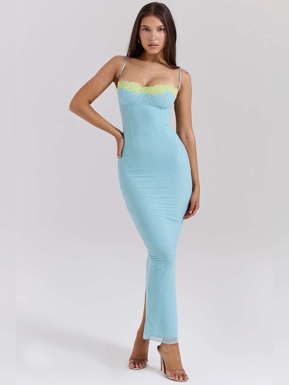 House of CB Aiza Ocean Blue Contrast Lace Maxi Dress B1585 - Picture 5 of 7